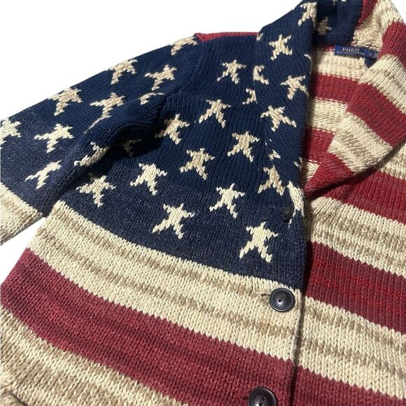 Ralph Lauren Polo Flag Cardigan Sweater Shawl Collar Americana Vintage Knit L - Picture 5 of 16